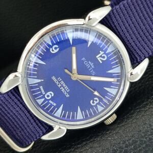Vintage 1976 Fortis Manual Mens Silver Watch W/Nato Strap & Blue accents